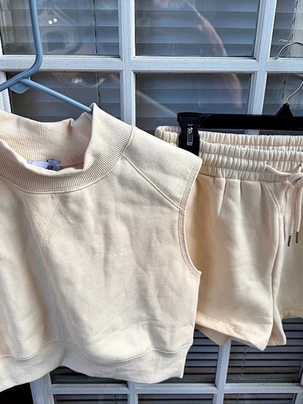 Gold Hinge Mock Neck Sleeveless Top and Shorts Lounge Set Cream Small